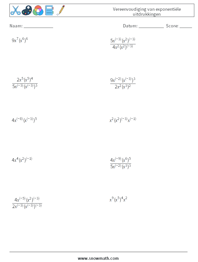  Vereenvoudiging van exponentiële uitdrukkingen Wiskundige werkbladen 1