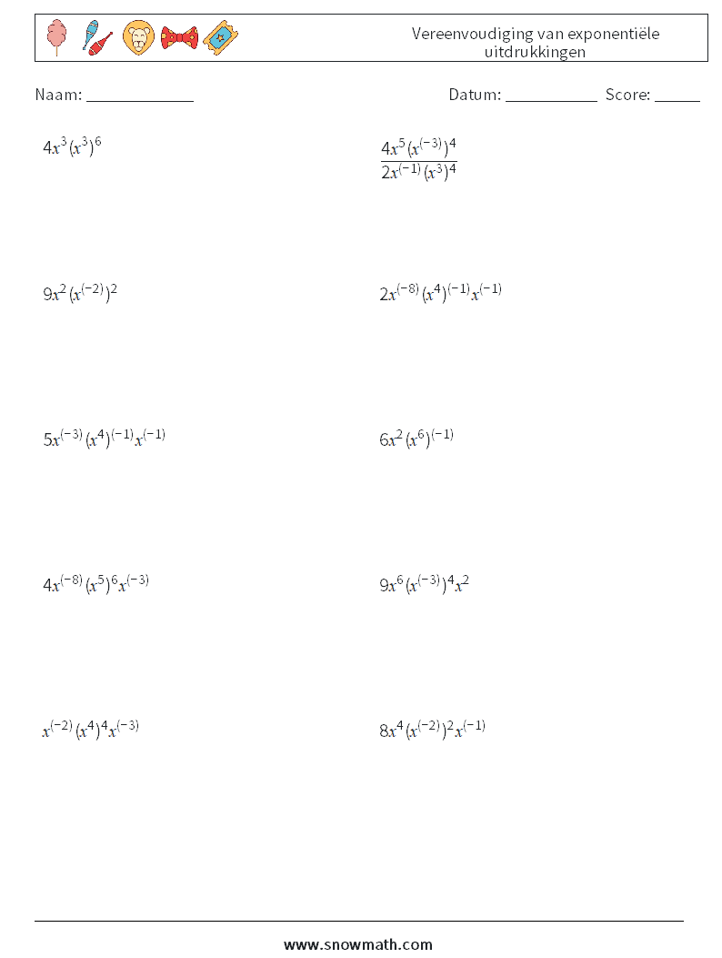  Vereenvoudiging van exponentiële uitdrukkingen Wiskundige werkbladen 7