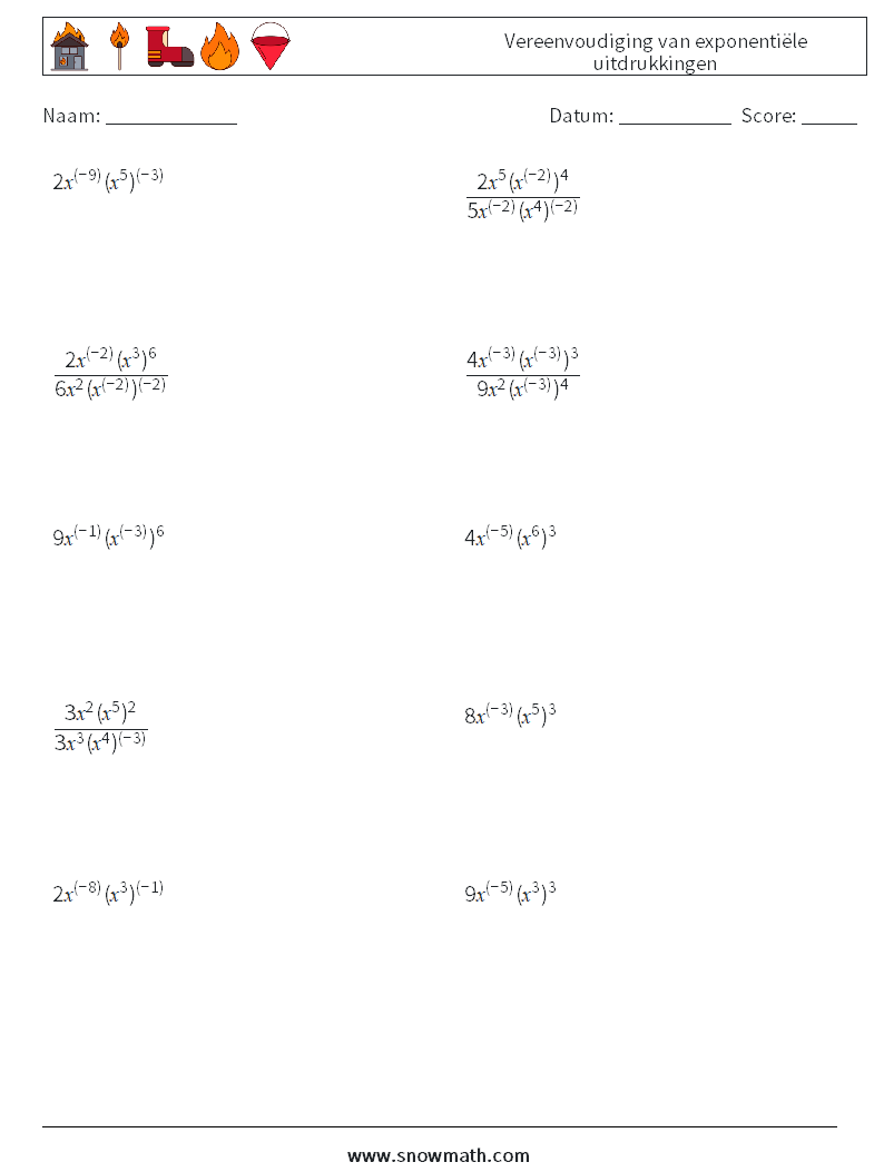  Vereenvoudiging van exponentiële uitdrukkingen Wiskundige werkbladen 9