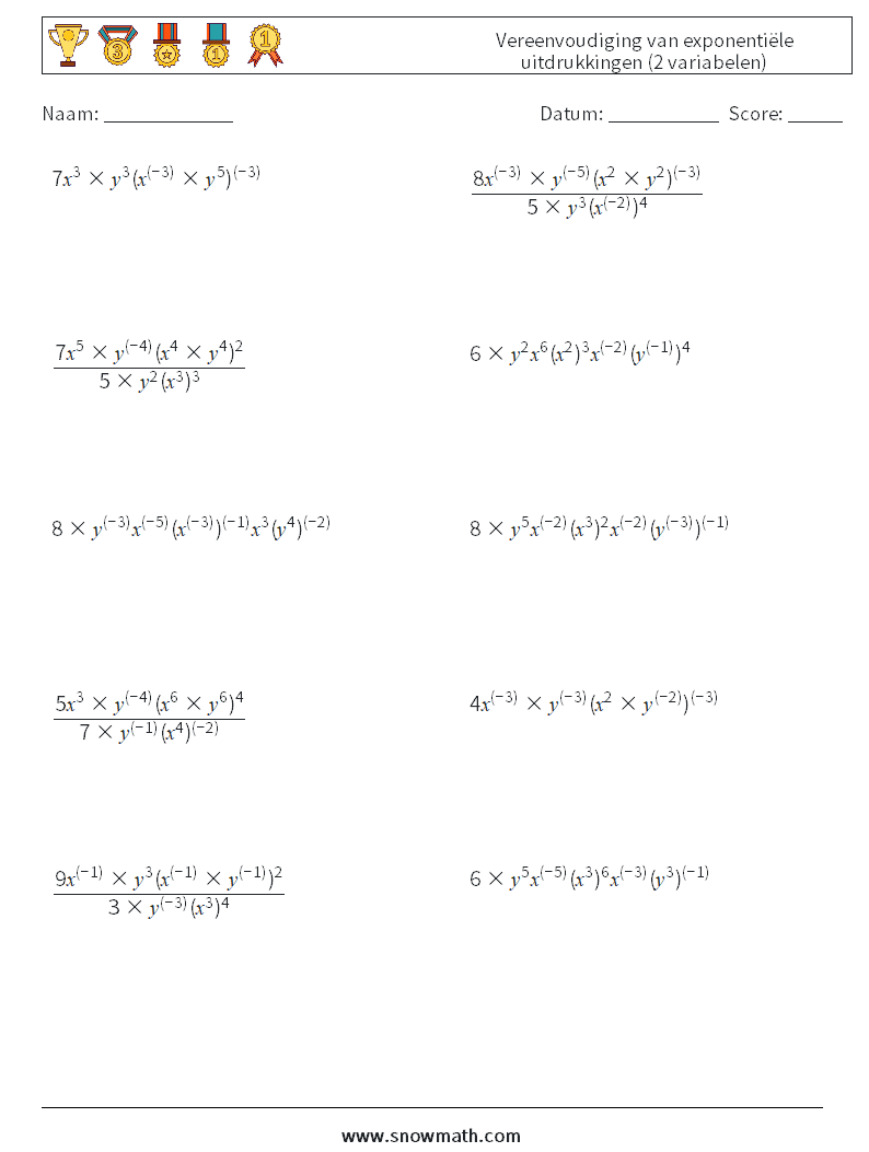  Vereenvoudiging van exponentiële uitdrukkingen (2 variabelen) Wiskundige werkbladen 1