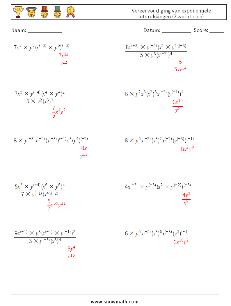  Vereenvoudiging van exponentiële uitdrukkingen (2 variabelen) Wiskundige werkbladen 1 Vraag, Antwoord