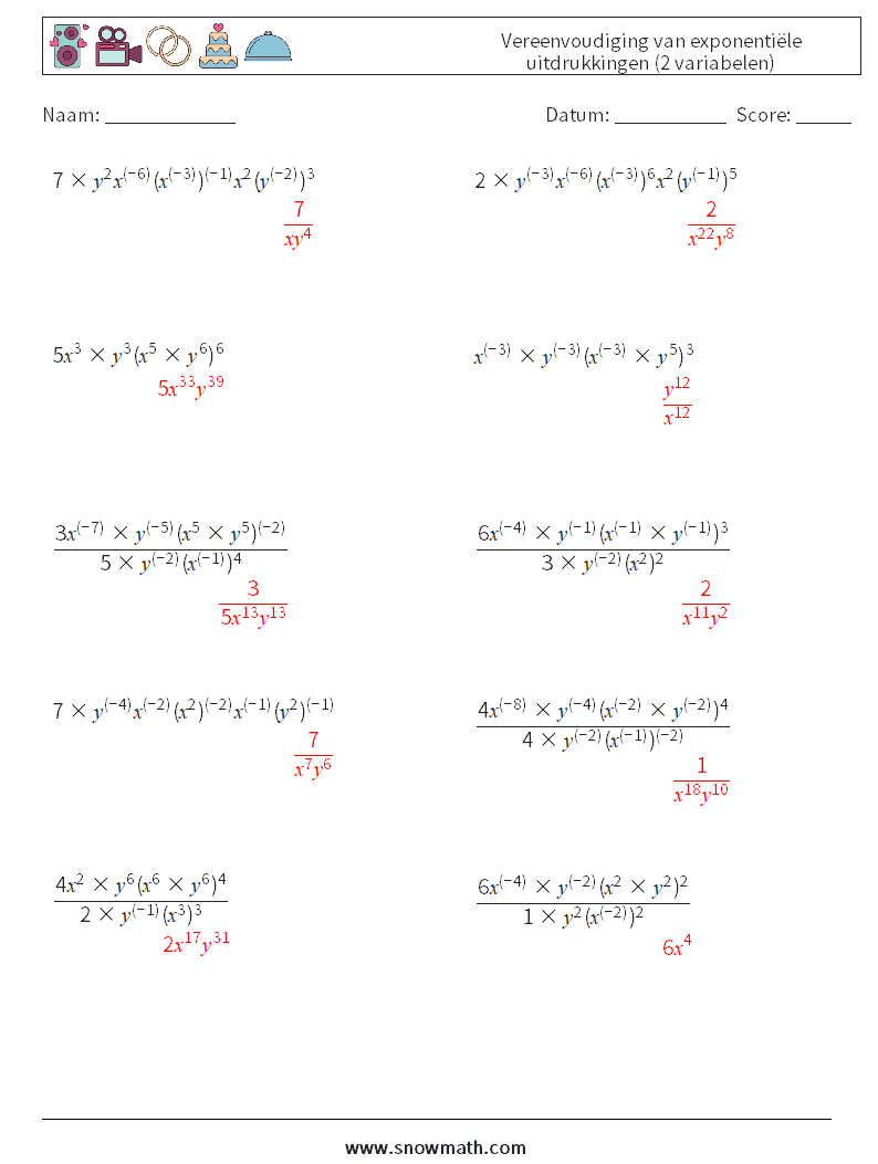  Vereenvoudiging van exponentiële uitdrukkingen (2 variabelen) Wiskundige werkbladen 5 Vraag, Antwoord
