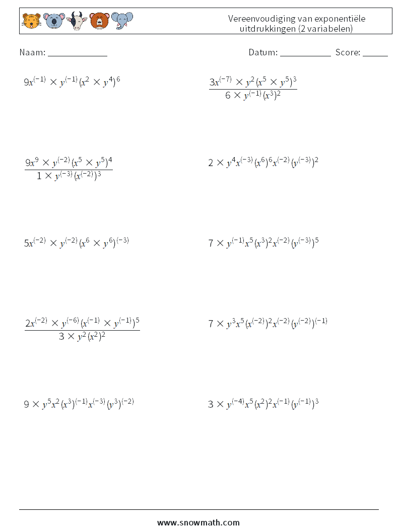 Vereenvoudiging van exponentiële uitdrukkingen (2 variabelen) Wiskundige werkbladen 6