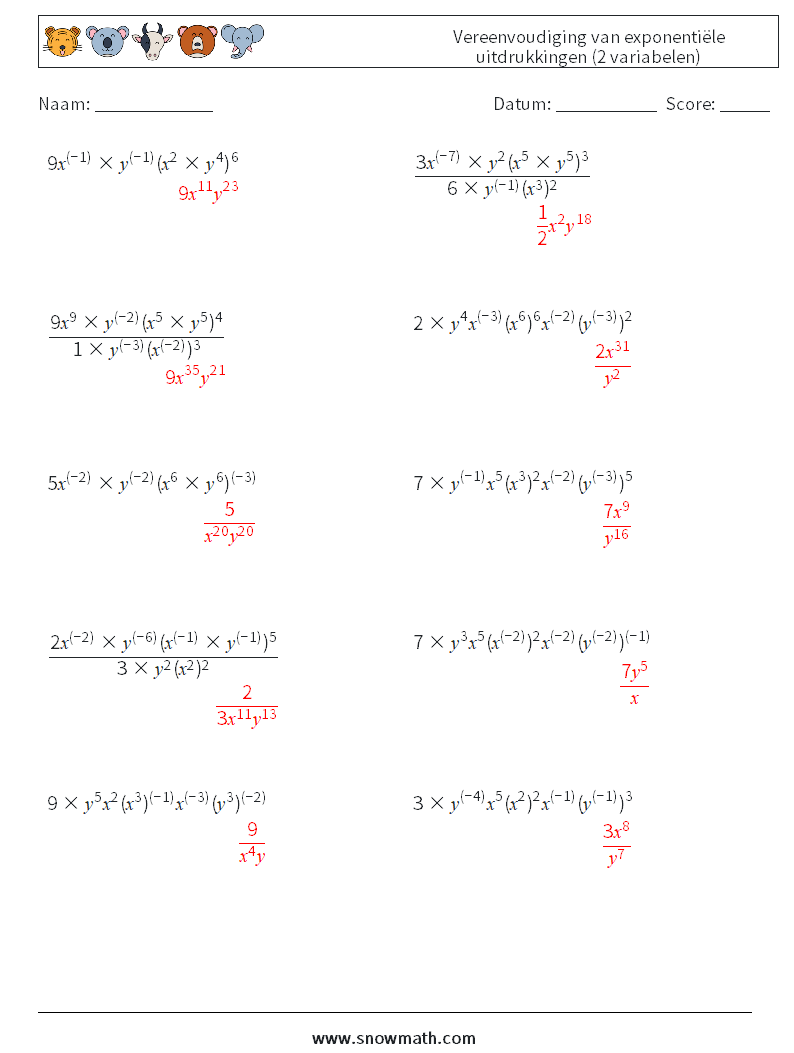  Vereenvoudiging van exponentiële uitdrukkingen (2 variabelen) Wiskundige werkbladen 6 Vraag, Antwoord