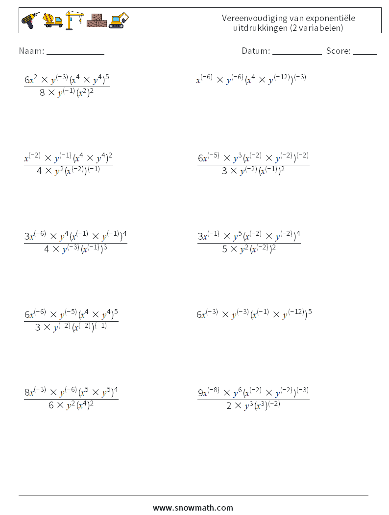  Vereenvoudiging van exponentiële uitdrukkingen (2 variabelen) Wiskundige werkbladen 9