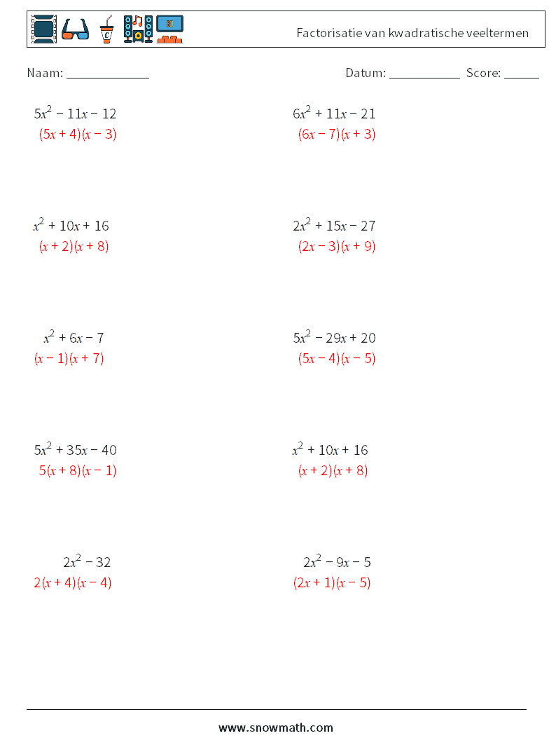 Factorisatie van kwadratische veeltermen Wiskundige werkbladen 1 Vraag, Antwoord