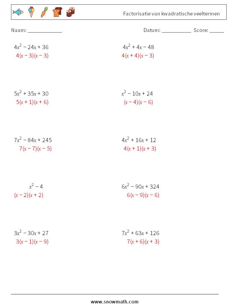 Factorisatie van kwadratische veeltermen Wiskundige werkbladen 2 Vraag, Antwoord
