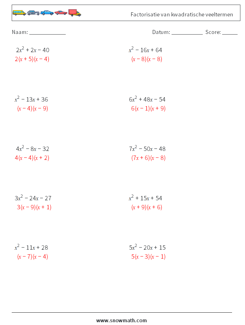 Factorisatie van kwadratische veeltermen Wiskundige werkbladen 3 Vraag, Antwoord