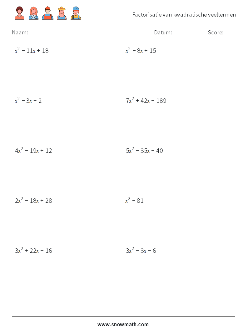 Factorisatie van kwadratische veeltermen Wiskundige werkbladen 4