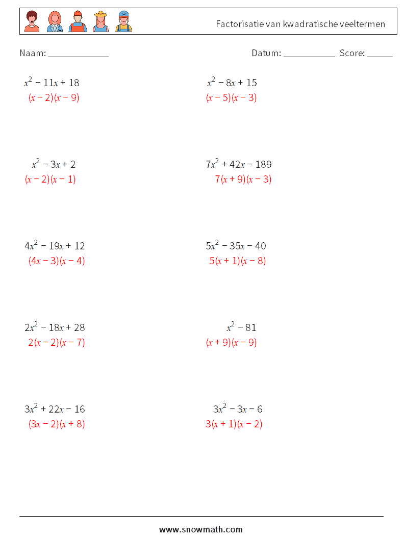 Factorisatie van kwadratische veeltermen Wiskundige werkbladen 4 Vraag, Antwoord
