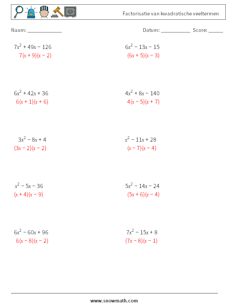 Factorisatie van kwadratische veeltermen Wiskundige werkbladen 5 Vraag, Antwoord