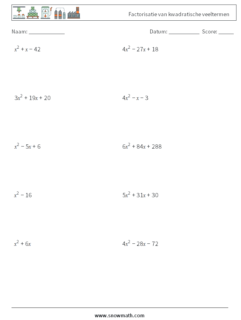 Factorisatie van kwadratische veeltermen Wiskundige werkbladen 6