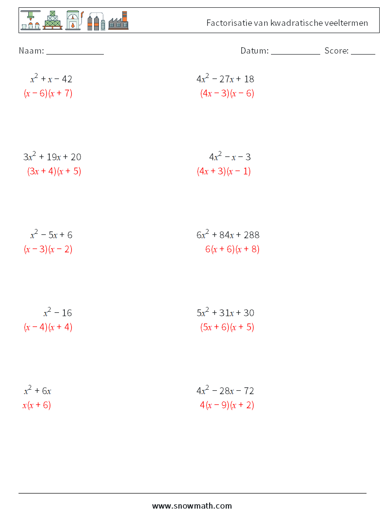 Factorisatie van kwadratische veeltermen Wiskundige werkbladen 6 Vraag, Antwoord