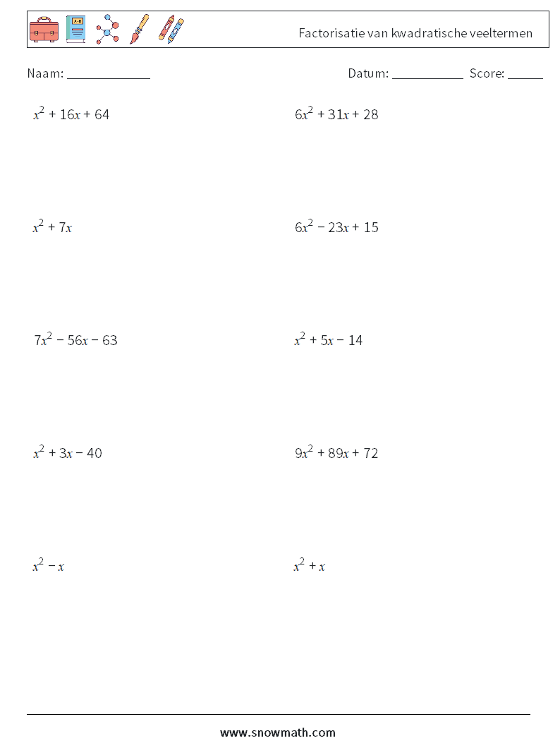 Factorisatie van kwadratische veeltermen Wiskundige werkbladen 7