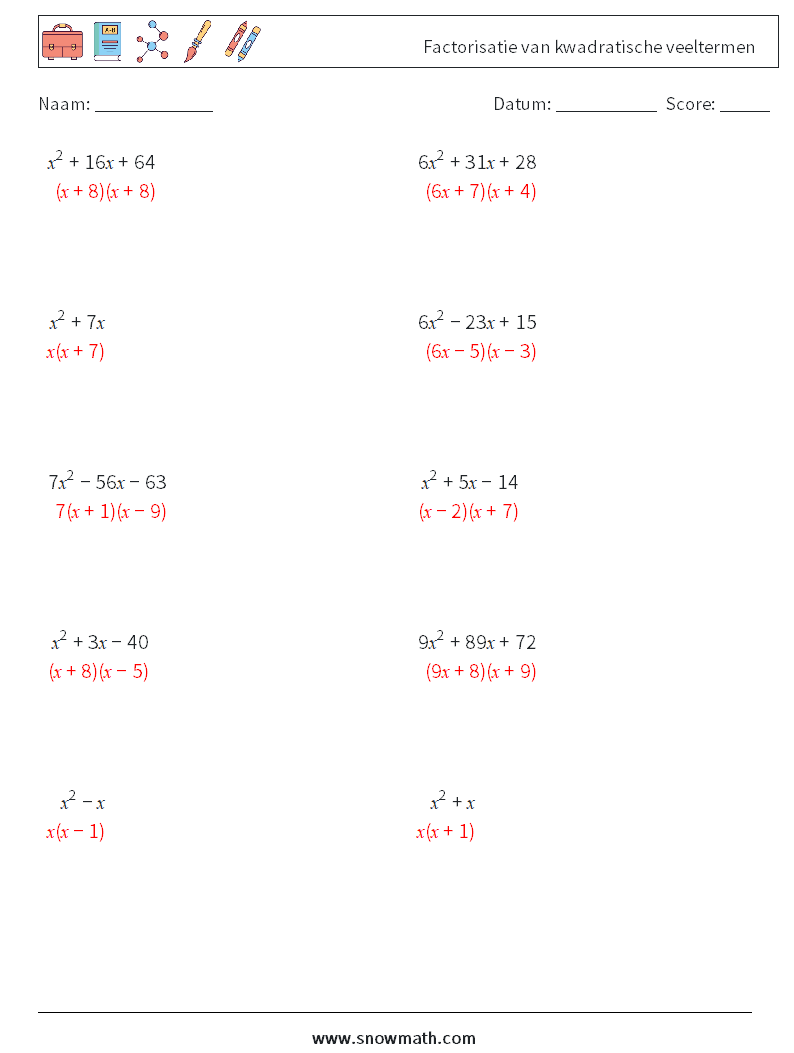Factorisatie van kwadratische veeltermen Wiskundige werkbladen 7 Vraag, Antwoord