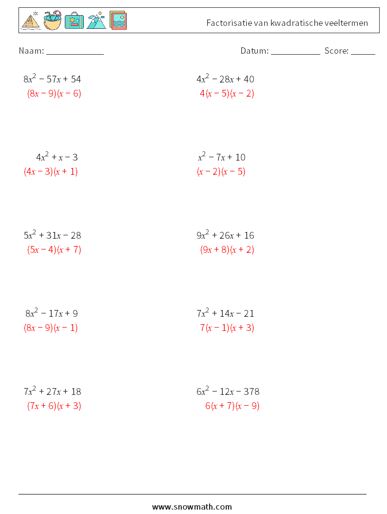 Factorisatie van kwadratische veeltermen Wiskundige werkbladen 8 Vraag, Antwoord