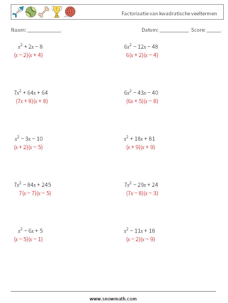 Factorisatie van kwadratische veeltermen Wiskundige werkbladen 9 Vraag, Antwoord