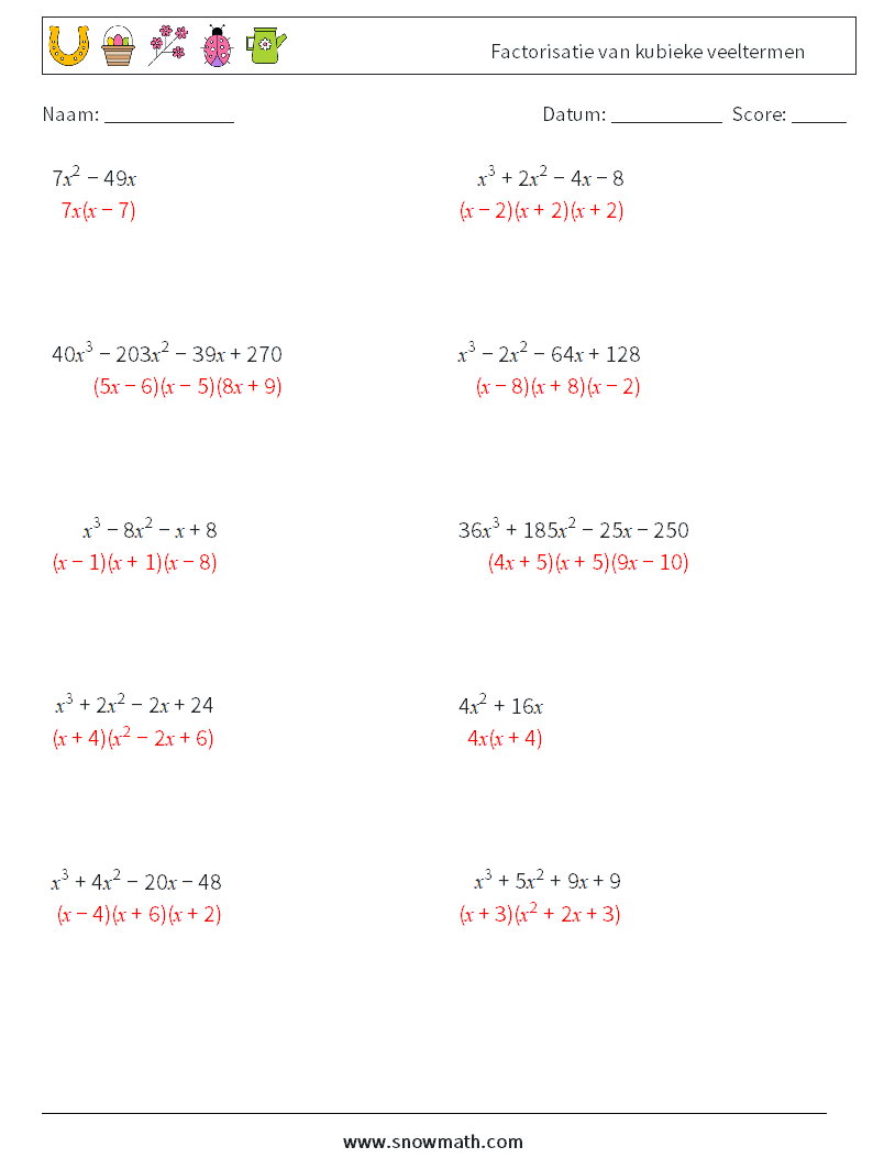 Factorisatie van kubieke veeltermen Wiskundige werkbladen 1 Vraag, Antwoord