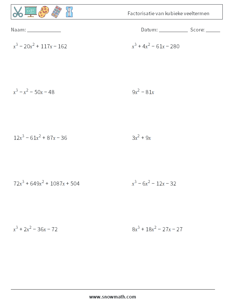 Factorisatie van kubieke veeltermen Wiskundige werkbladen 2