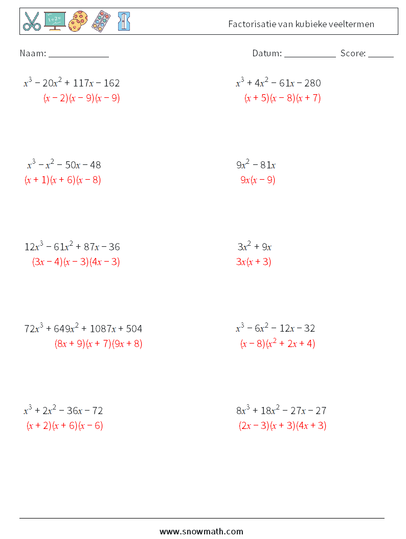Factorisatie van kubieke veeltermen Wiskundige werkbladen 2 Vraag, Antwoord