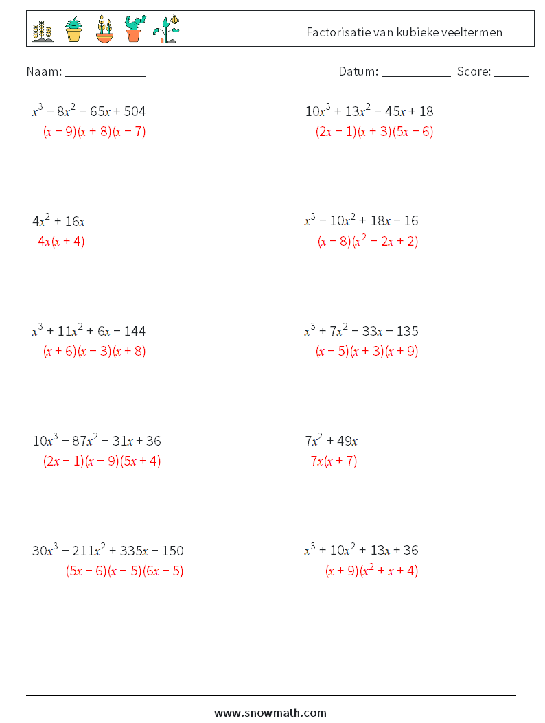 Factorisatie van kubieke veeltermen Wiskundige werkbladen 3 Vraag, Antwoord