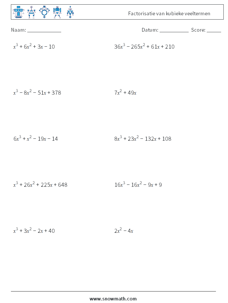 Factorisatie van kubieke veeltermen Wiskundige werkbladen 5