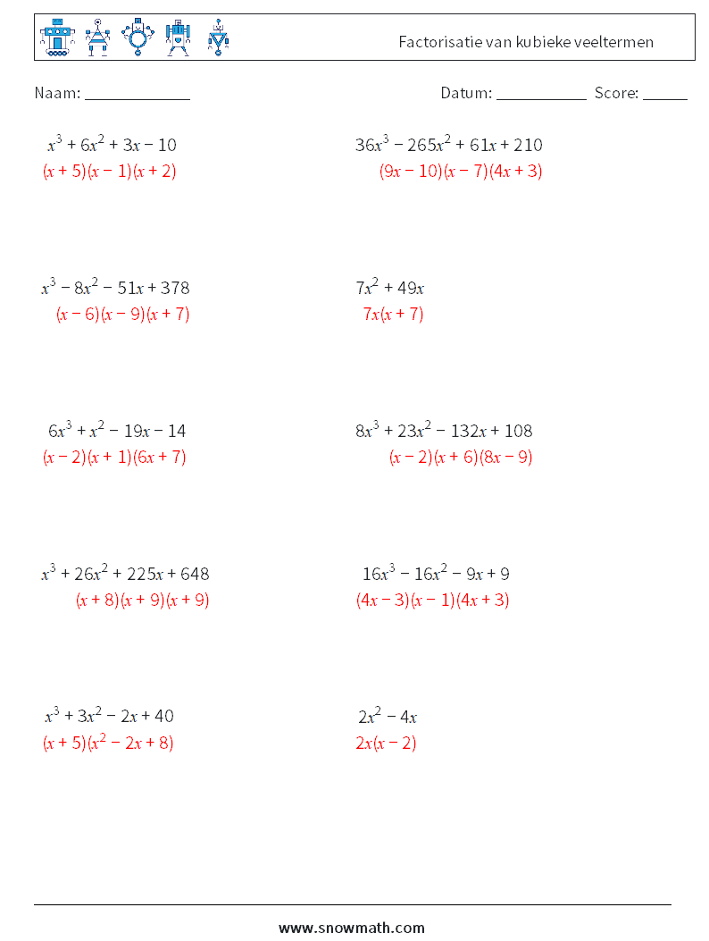 Factorisatie van kubieke veeltermen Wiskundige werkbladen 5 Vraag, Antwoord