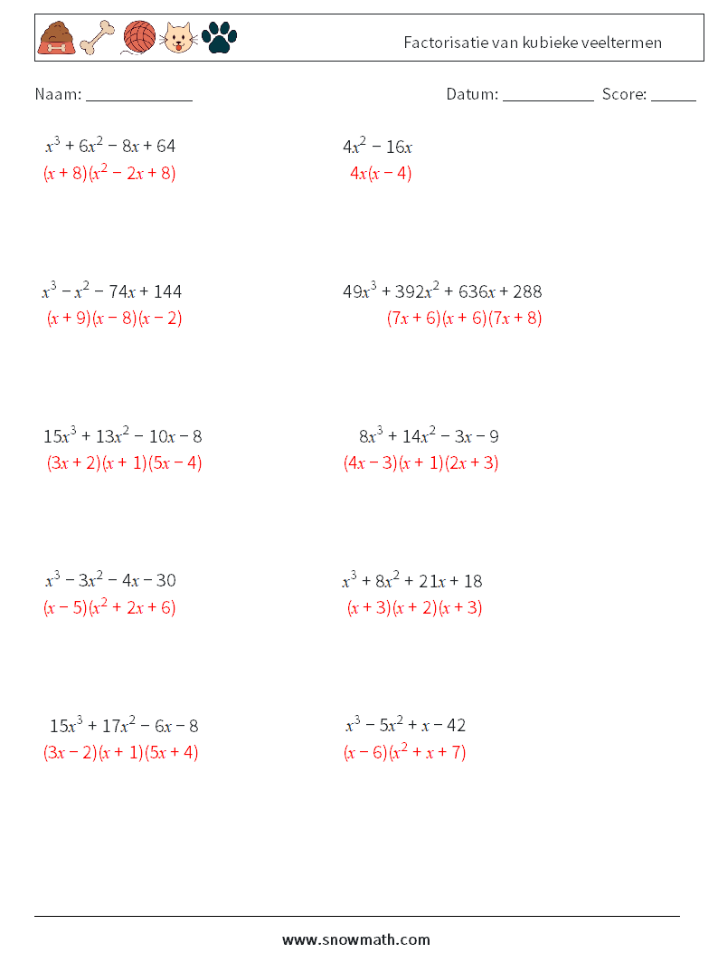 Factorisatie van kubieke veeltermen Wiskundige werkbladen 6 Vraag, Antwoord