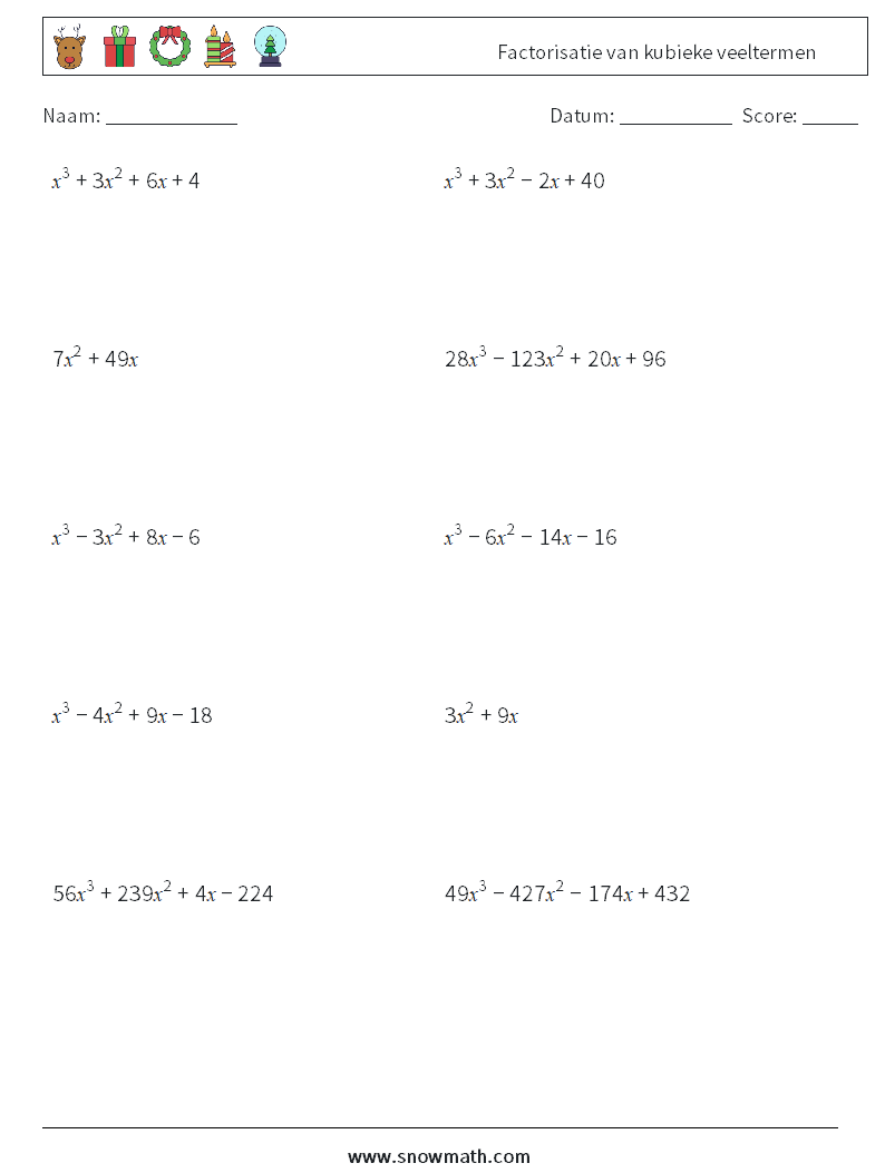 Factorisatie van kubieke veeltermen Wiskundige werkbladen 7