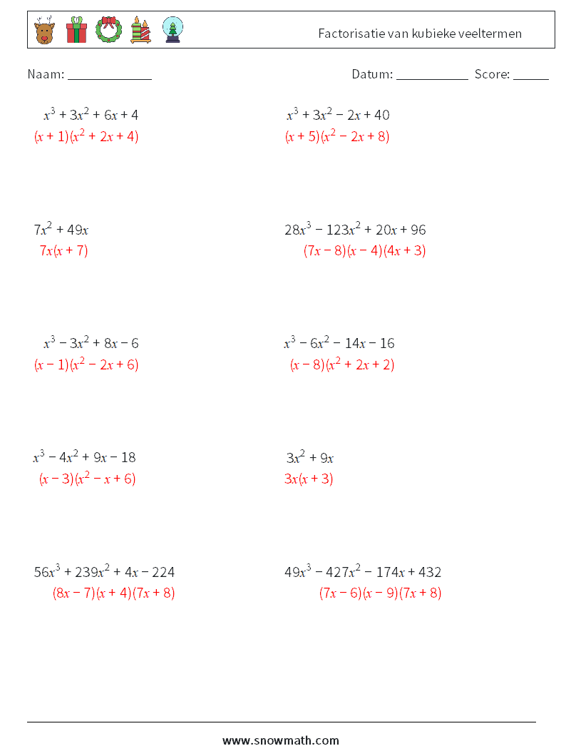 Factorisatie van kubieke veeltermen Wiskundige werkbladen 7 Vraag, Antwoord