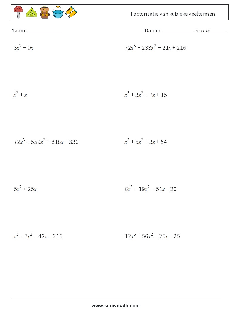 Factorisatie van kubieke veeltermen Wiskundige werkbladen 8