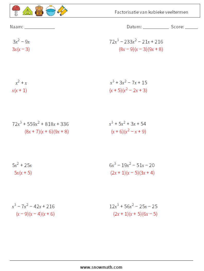 Factorisatie van kubieke veeltermen Wiskundige werkbladen 8 Vraag, Antwoord