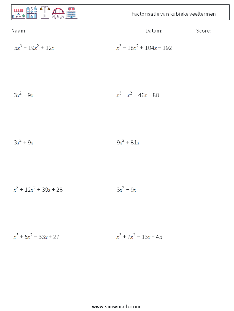 Factorisatie van kubieke veeltermen Wiskundige werkbladen 9