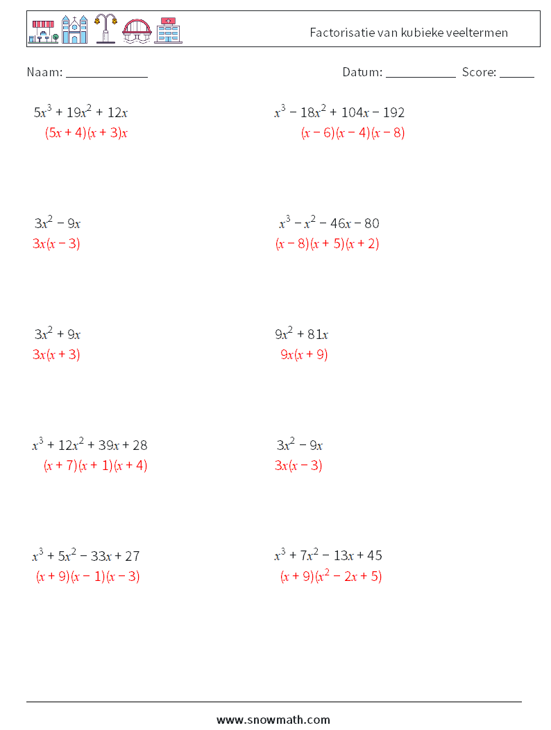 Factorisatie van kubieke veeltermen Wiskundige werkbladen 9 Vraag, Antwoord