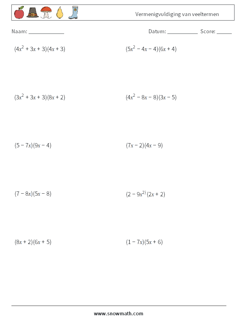 Vermenigvuldiging van veeltermen Wiskundige werkbladen 1