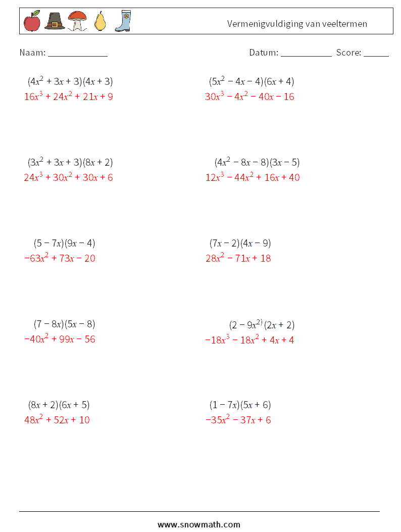 Vermenigvuldiging van veeltermen Wiskundige werkbladen 1 Vraag, Antwoord