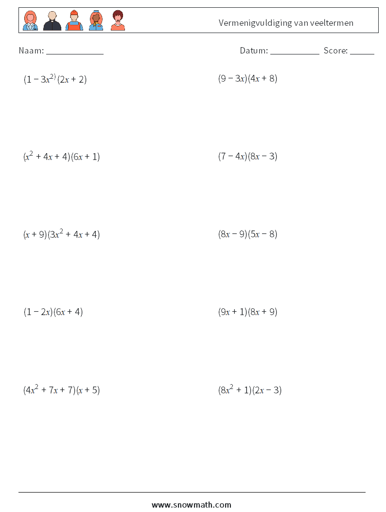 Vermenigvuldiging van veeltermen Wiskundige werkbladen 2