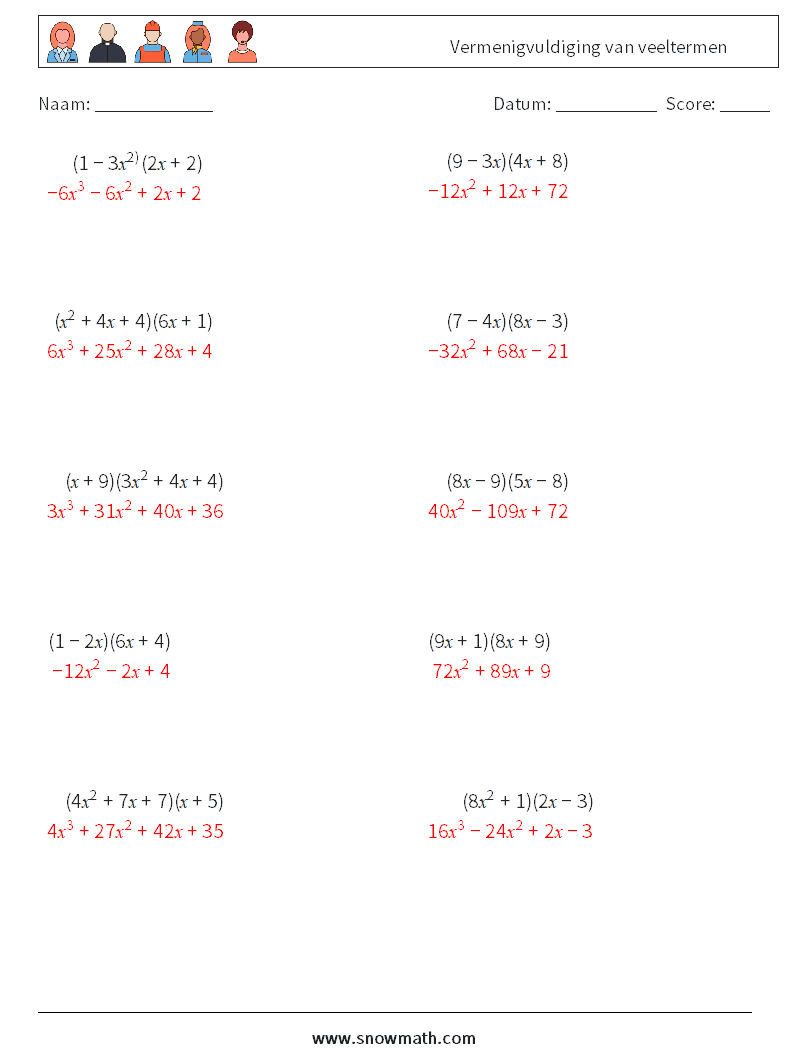 Vermenigvuldiging van veeltermen Wiskundige werkbladen 2 Vraag, Antwoord