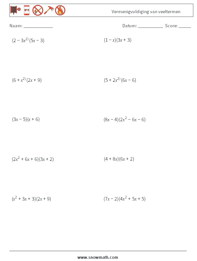 Vermenigvuldiging van veeltermen Wiskundige werkbladen 3
