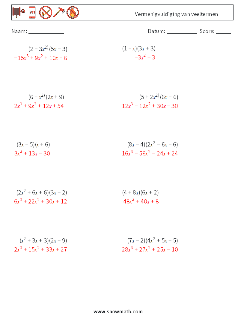 Vermenigvuldiging van veeltermen Wiskundige werkbladen 3 Vraag, Antwoord