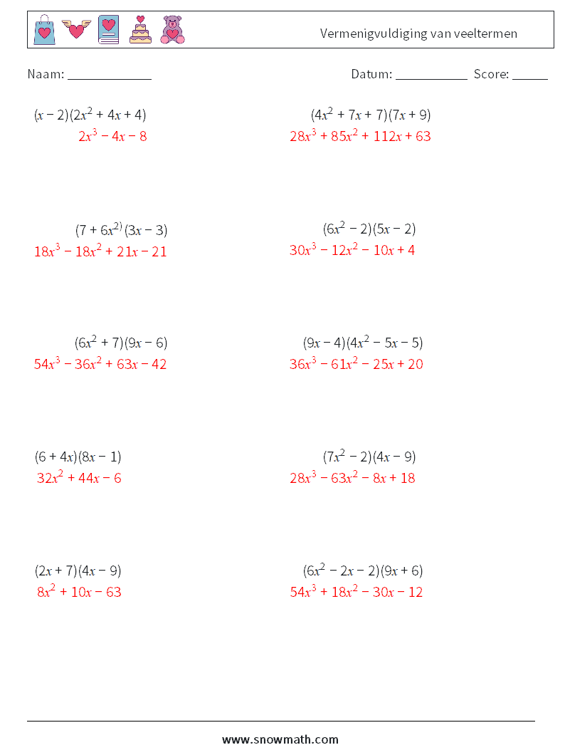 Vermenigvuldiging van veeltermen Wiskundige werkbladen 4 Vraag, Antwoord