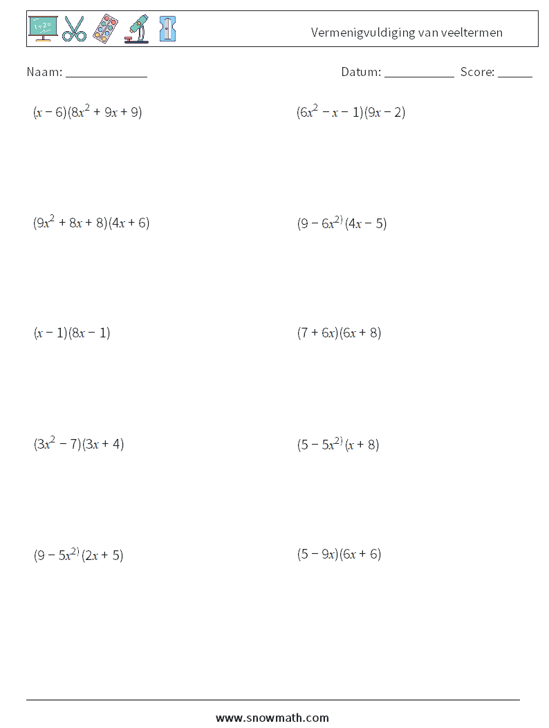 Vermenigvuldiging van veeltermen Wiskundige werkbladen 5