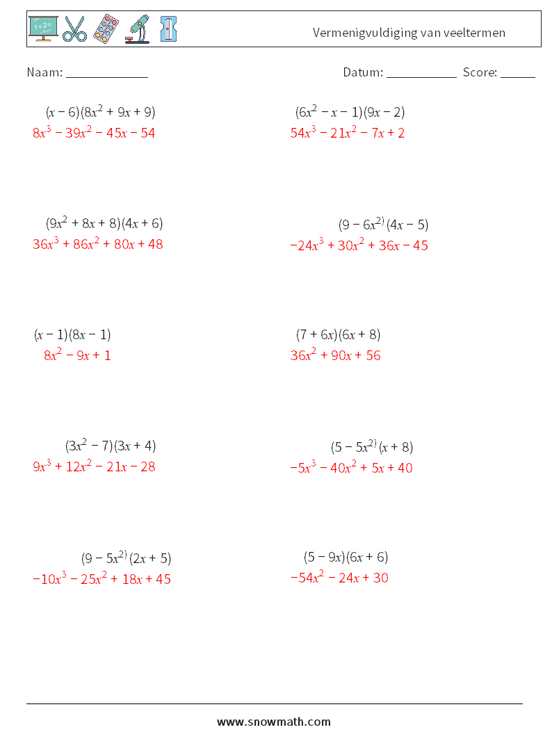 Vermenigvuldiging van veeltermen Wiskundige werkbladen 5 Vraag, Antwoord