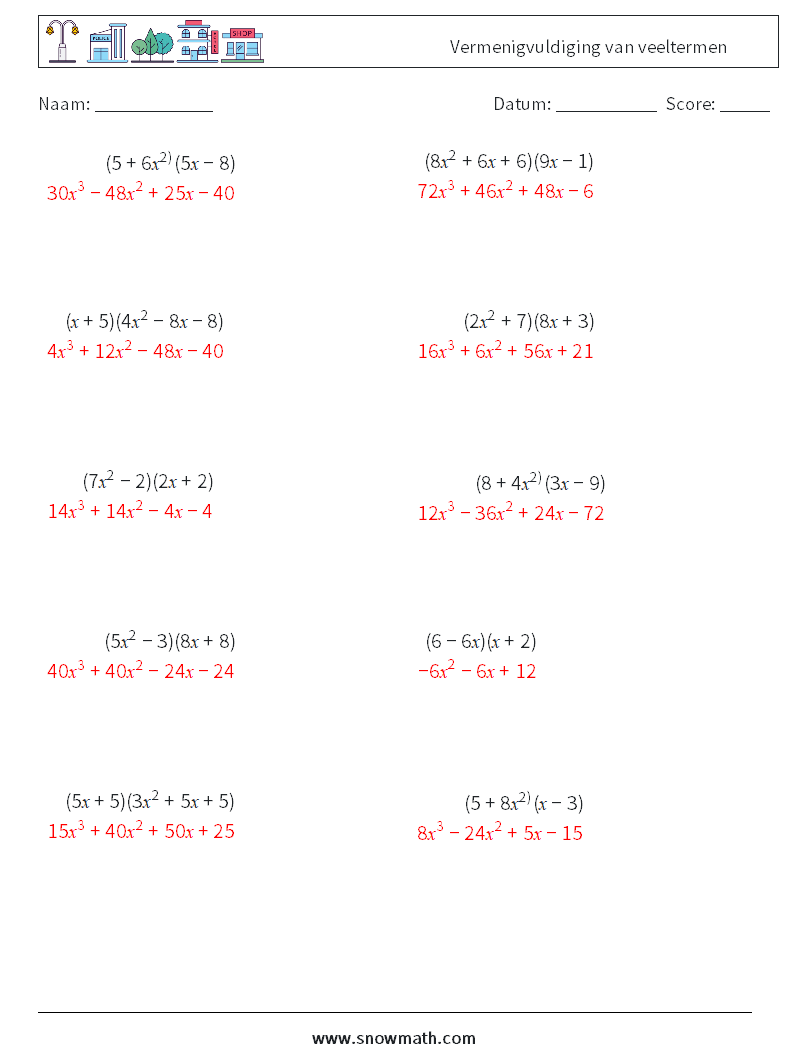 Vermenigvuldiging van veeltermen Wiskundige werkbladen 6 Vraag, Antwoord