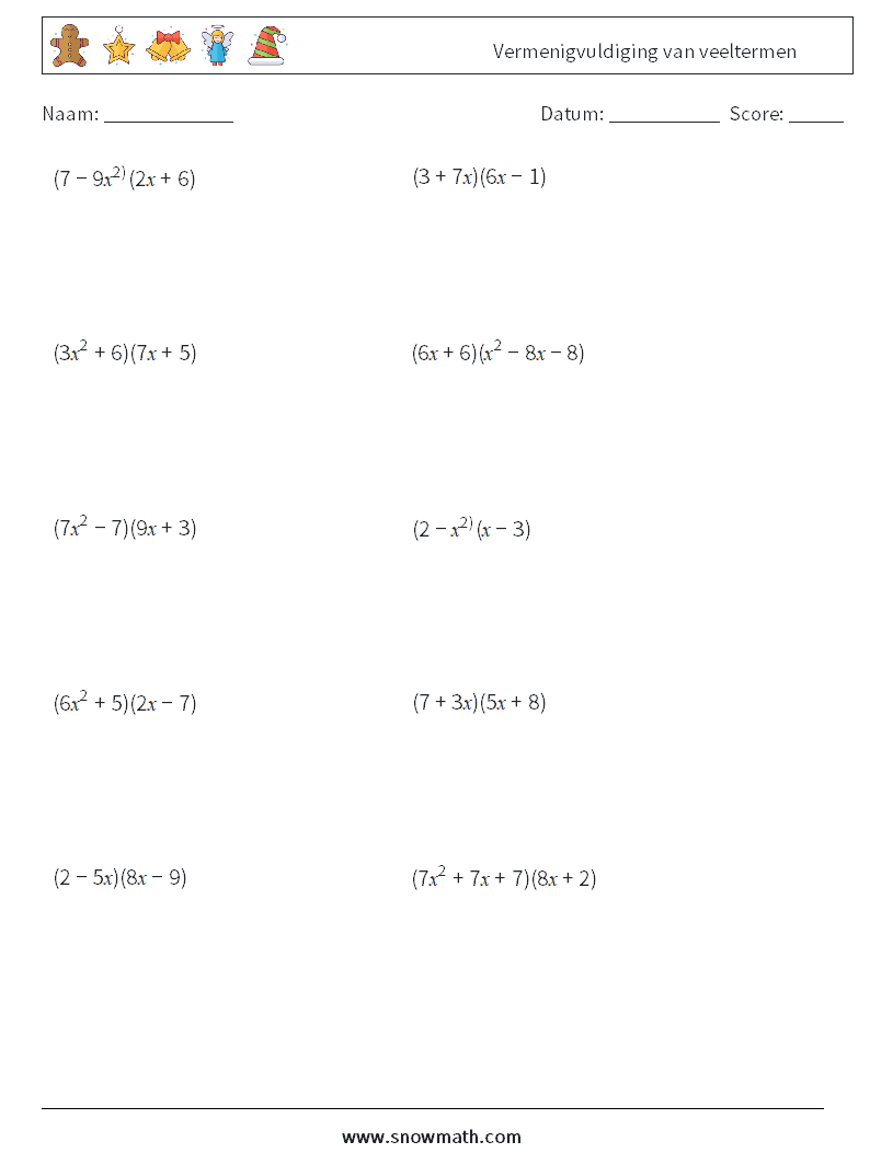 Vermenigvuldiging van veeltermen Wiskundige werkbladen 7