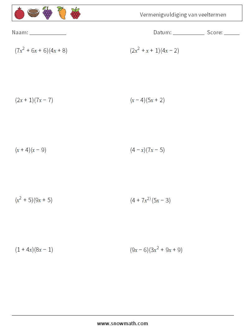 Vermenigvuldiging van veeltermen Wiskundige werkbladen 8