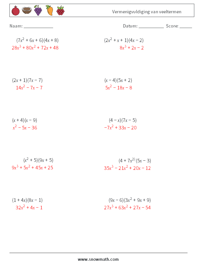 Vermenigvuldiging van veeltermen Wiskundige werkbladen 8 Vraag, Antwoord