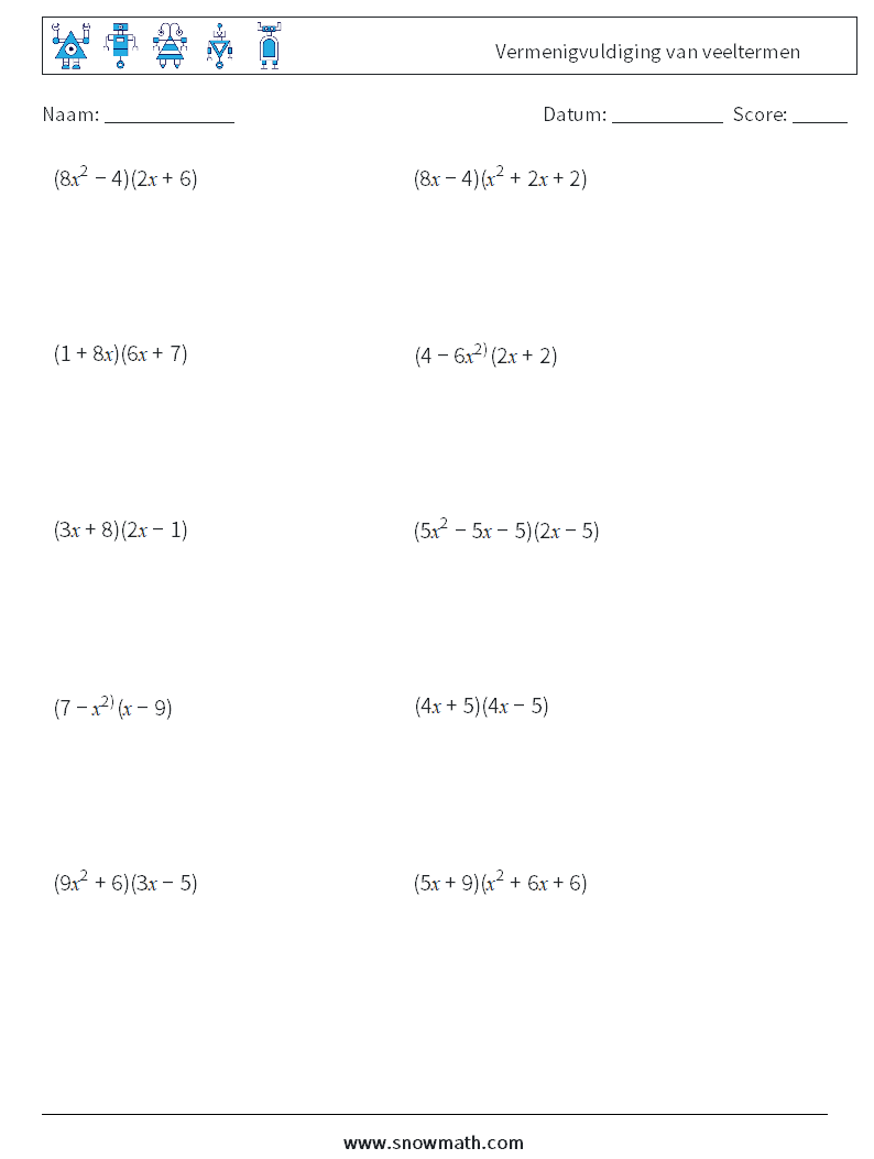 Vermenigvuldiging van veeltermen Wiskundige werkbladen 9