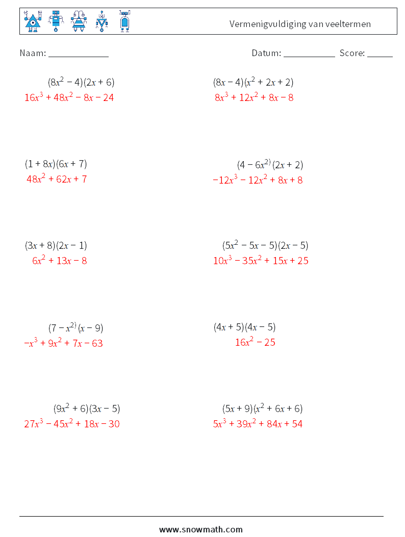 Vermenigvuldiging van veeltermen Wiskundige werkbladen 9 Vraag, Antwoord