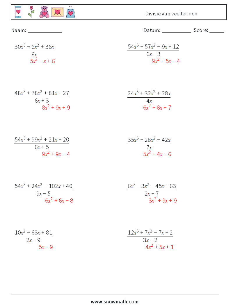 Divisie van veeltermen Wiskundige werkbladen 1 Vraag, Antwoord